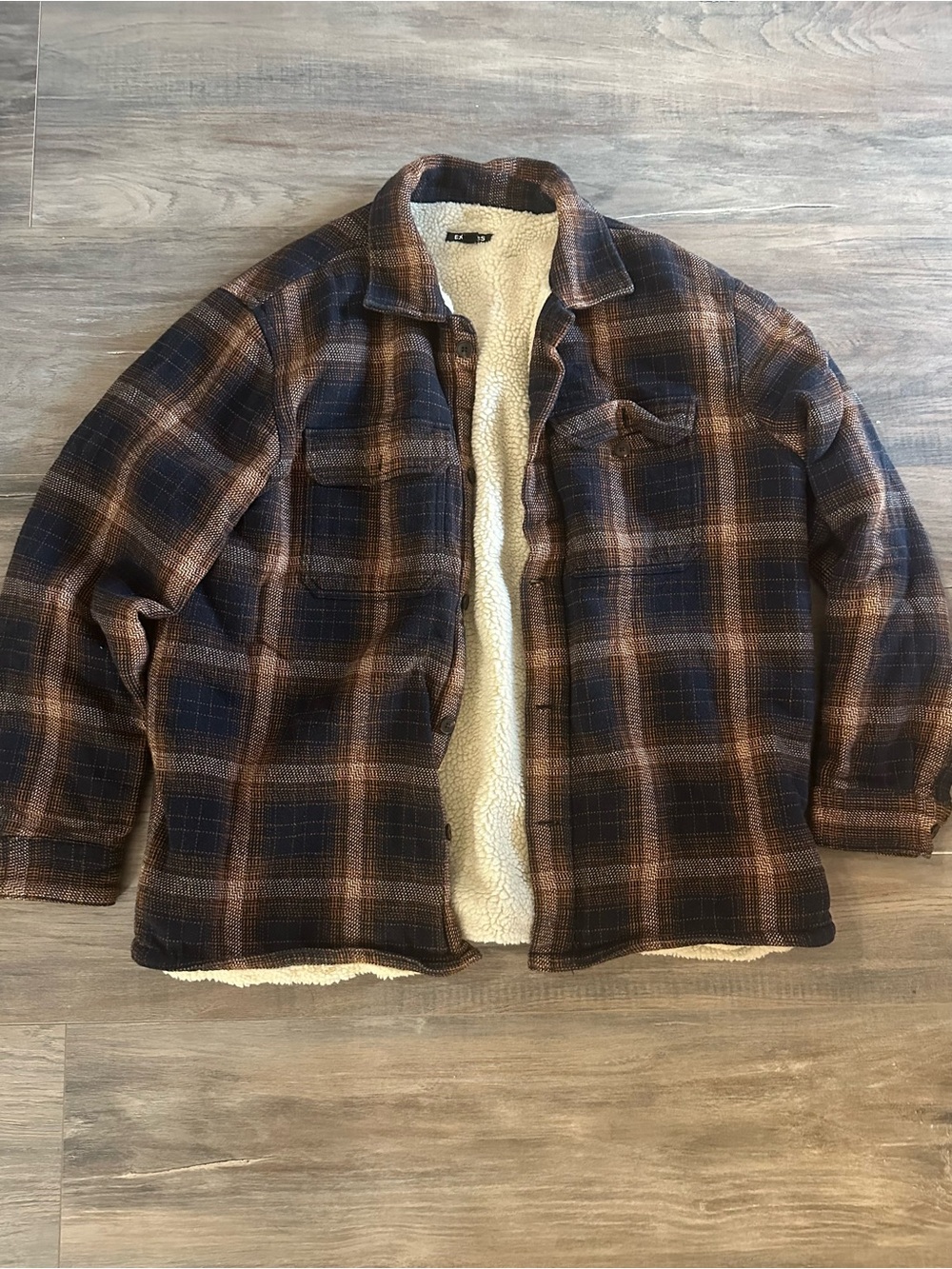 Express Size Large Sherpa-Lined Plaid Jacket - Tan & Blue